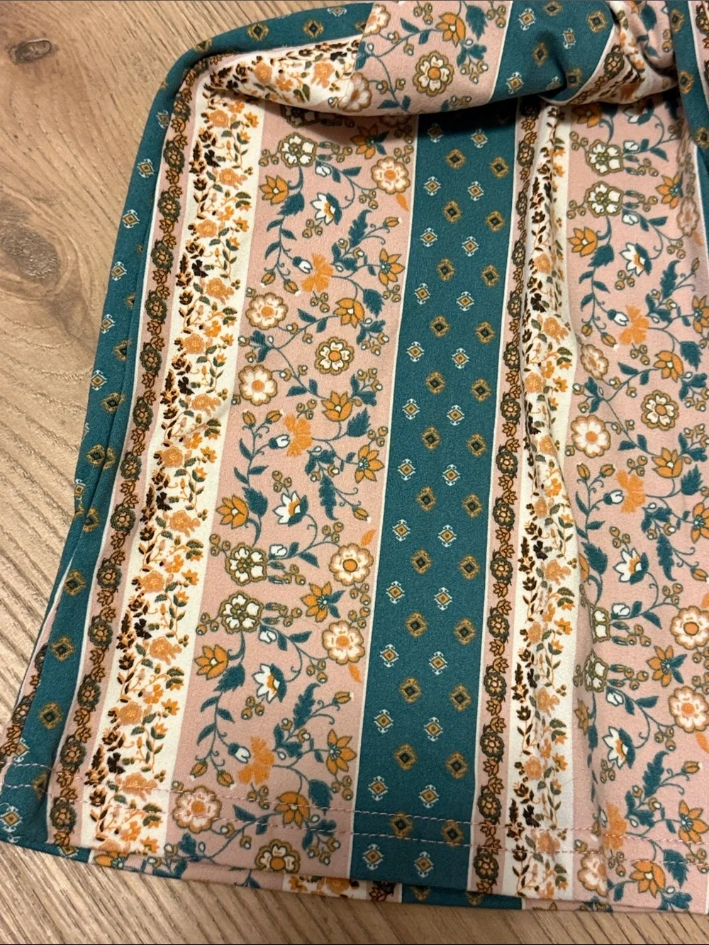 shosho Teal and Beige Striped Floral Flare Pants - Picture 7 of 7
